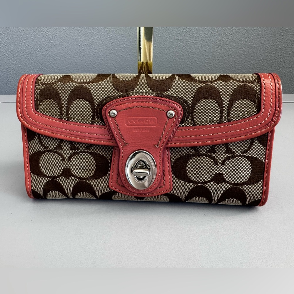 Coach Legacy Brown Signature Canvas Wallet with Coral Trim